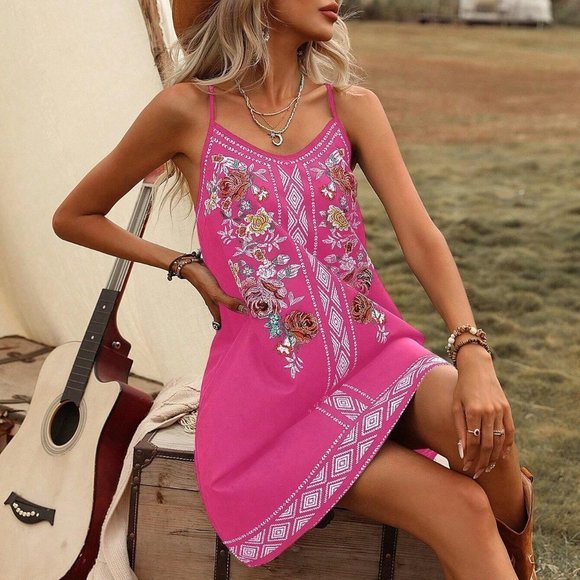 . Dresses & Skirts - Hot Pink Boho Womens Floral Print Cami Dress